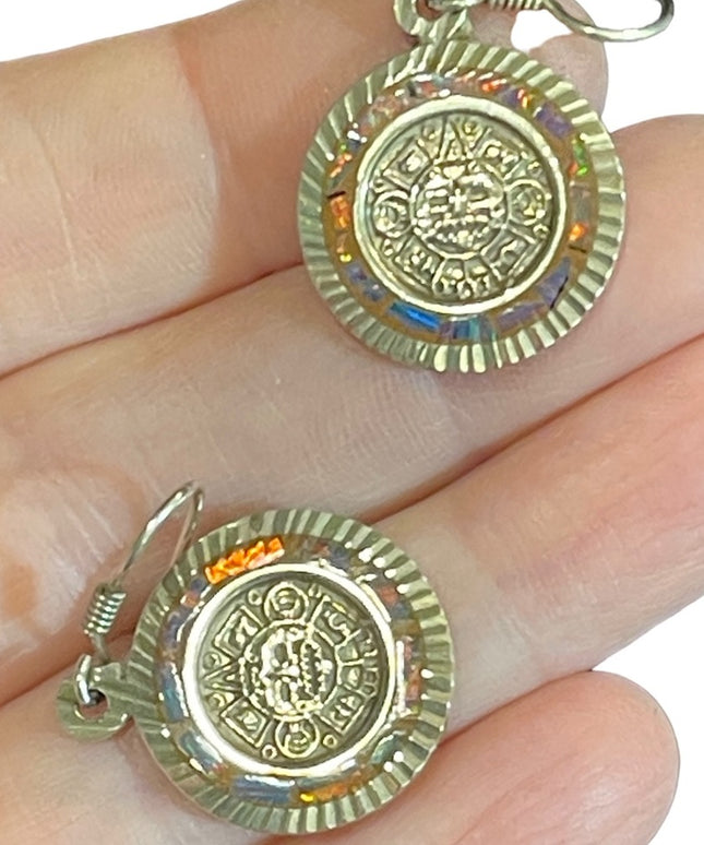 Vintage TG-71 Taxco Mexico opal inlay Aztec face mayan god round earrings