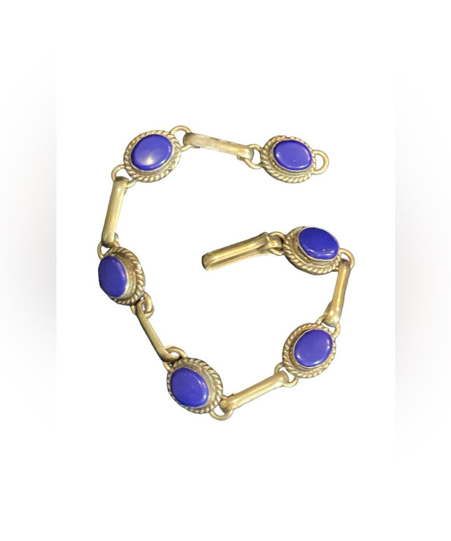 Vintage Mexico Mexican lapis Fancy cab link bracelet silver