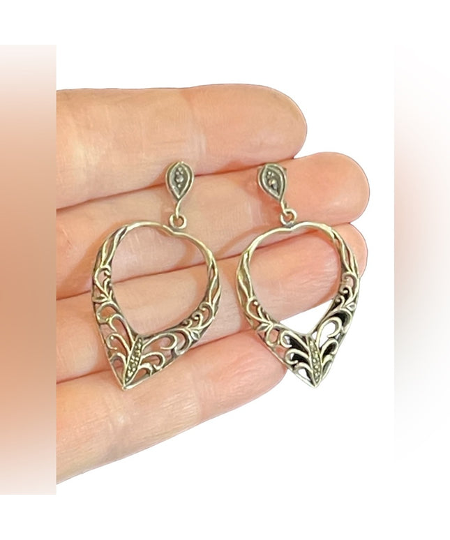 Lovely Sterling silver 925 fancy marcasite filagree large dangle heart earrings