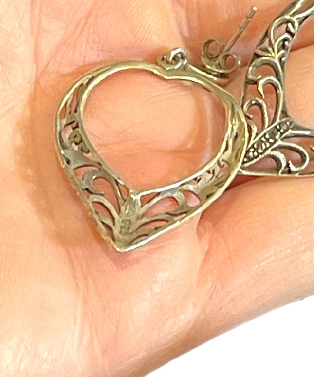 Lovely Sterling silver 925 fancy marcasite filagree large dangle heart earrings