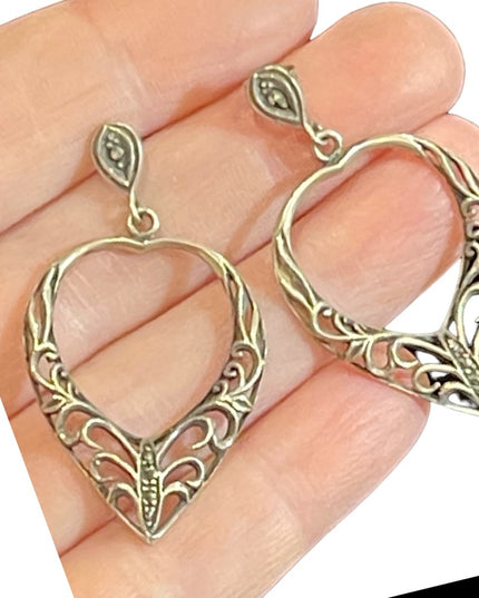 Lovely Sterling silver 925 fancy marcasite filagree large dangle heart earrings
