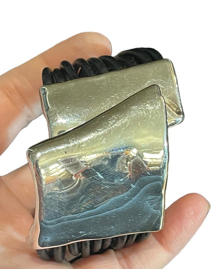 Sterling silver  modernist 925 Israel bracelet multi strand leather strap