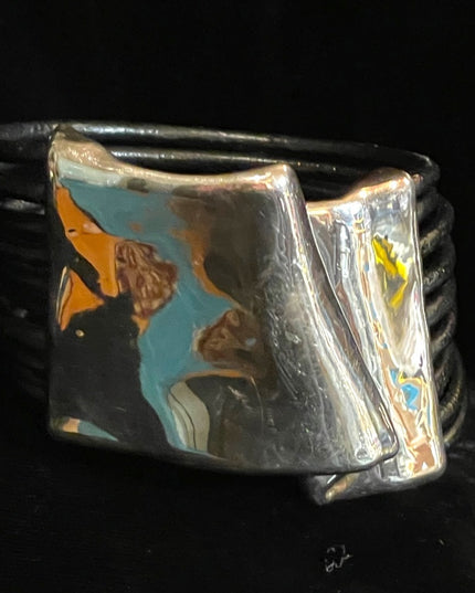 Sterling silver  modernist 925 Israel bracelet multi strand leather strap