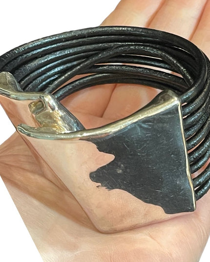 Sterling silver  modernist 925 Israel bracelet multi strand leather strap