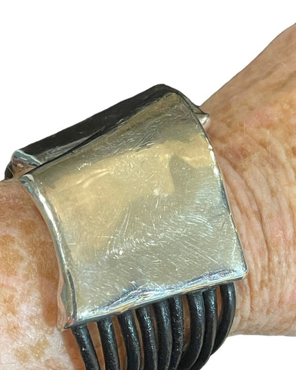 Sterling silver  modernist 925 Israel bracelet multi strand leather strap