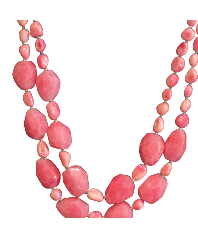 Lovely vintage dark pink stone rhodonite double strand necklace