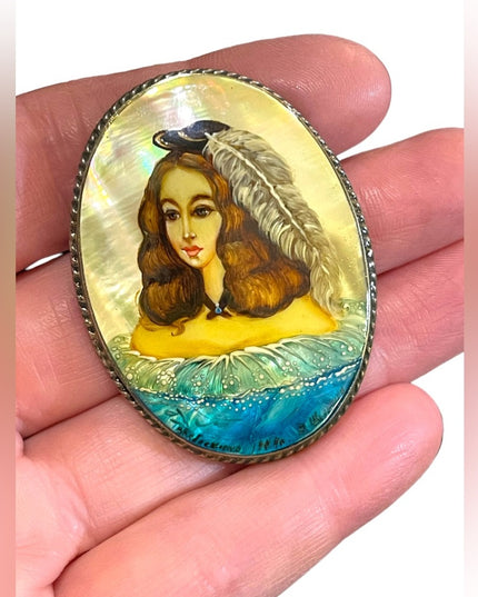 Antique Handpainted pearl shell Victorian girl brooch Silver cameo brooch