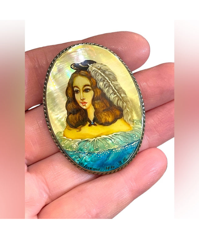 Antique Handpainted pearl shell Victorian girl brooch Silver cameo brooch