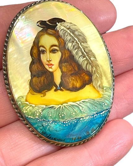 Antique Handpainted pearl shell Victorian girl brooch Silver cameo brooch