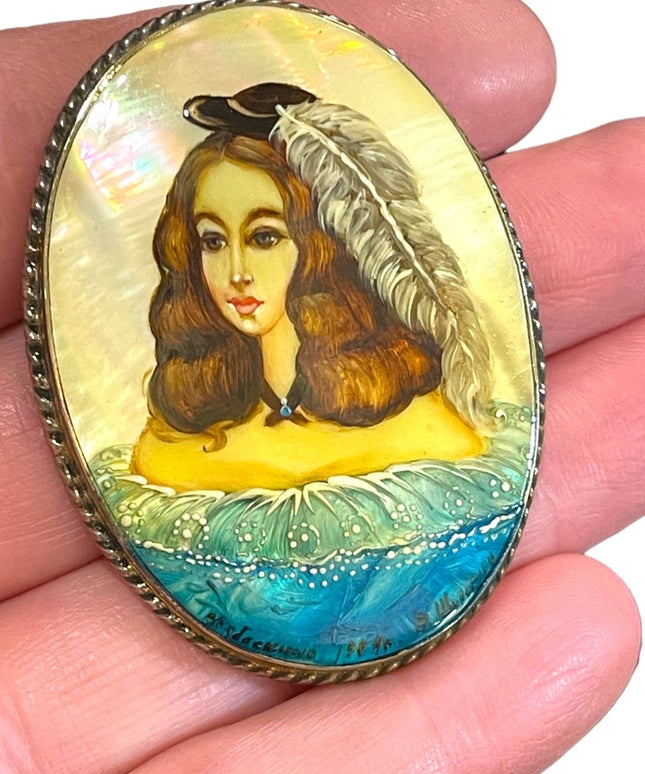 Antique Handpainted pearl shell Victorian girl brooch Silver cameo brooch