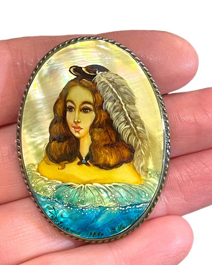 Antique Handpainted pearl shell Victorian girl brooch Silver cameo brooch