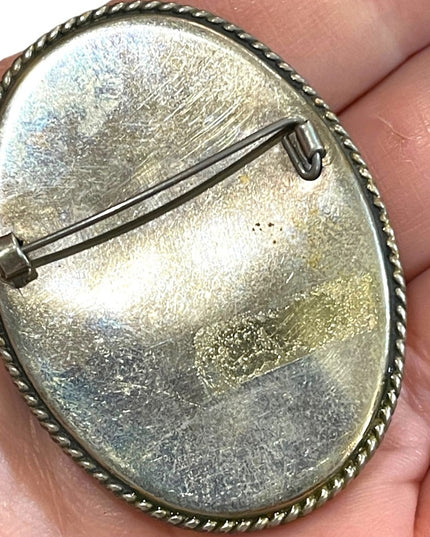 Antique Handpainted pearl shell Victorian girl brooch Silver cameo brooch