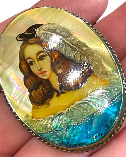 Antique Handpainted pearl shell Victorian girl brooch Silver cameo brooch