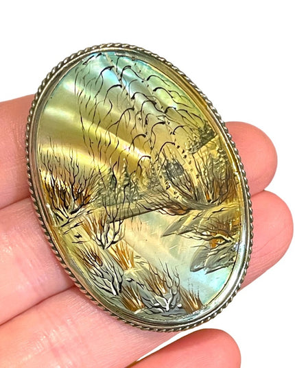 Antique Silver Hand painted pearl shell country landscape cameo brooch