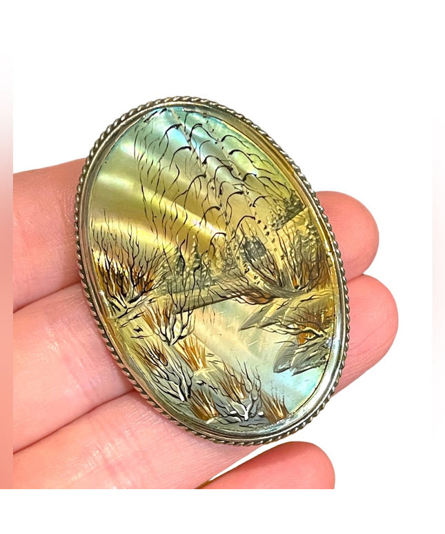 Antique Silver Hand painted pearl shell country landscape cameo brooch