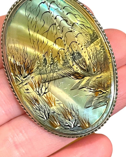 Antique Silver Hand painted pearl shell country landscape cameo brooch