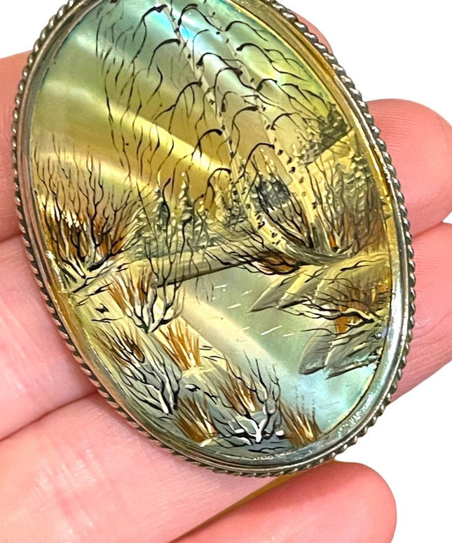 Antique Silver Hand painted pearl shell country landscape cameo brooch