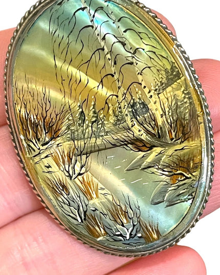 Antique Silver Hand painted pearl shell country landscape cameo brooch