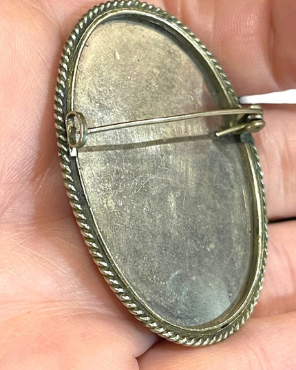 Antique Silver Hand painted pearl shell country landscape cameo brooch