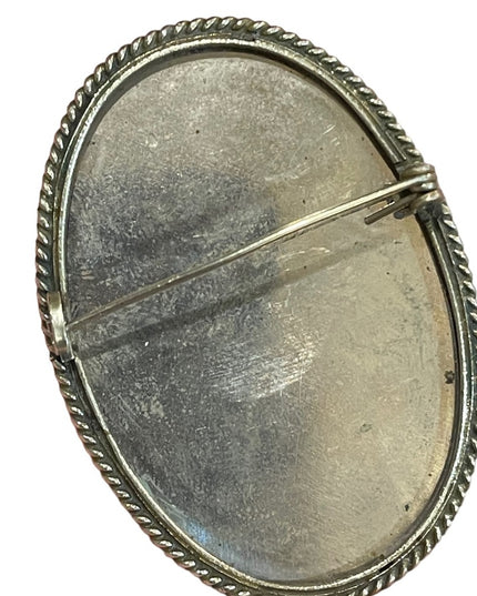 Antique Silver Hand painted pearl shell country landscape cameo brooch