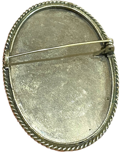 Antique Silver Hand painted pearl shell country landscape cameo brooch