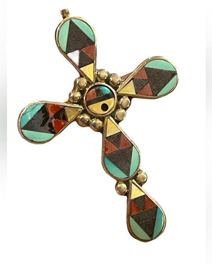 1980s Zuni signed mosaic inlay cross pendant by Zeno and Mary Ann Edaakie