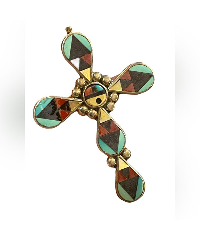 1980s Zuni signed mosaic inlay cross pendant by Zeno and Mary Ann Edaakie