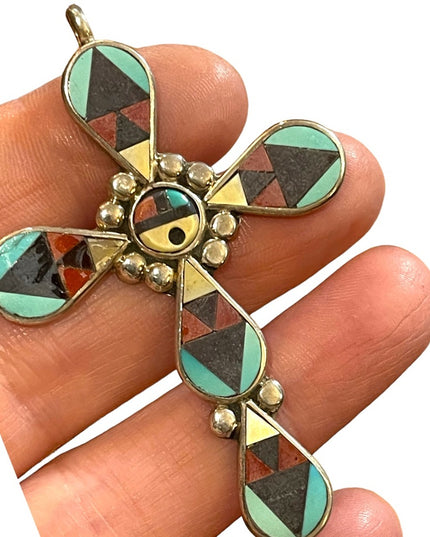 1980s Zuni signed mosaic inlay cross pendant by Zeno and Mary Ann Edaakie