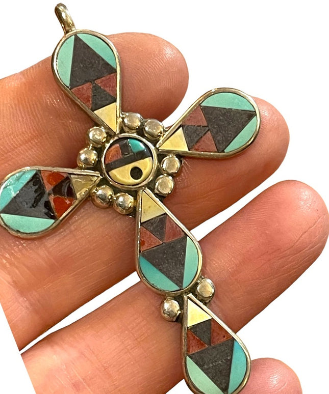 1980s Zuni signed mosaic inlay cross pendant by Zeno and Mary Ann Edaakie