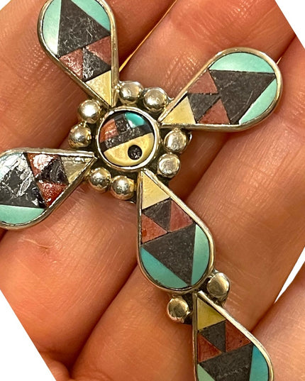 1980s Zuni signed mosaic inlay cross pendant by Zeno and Mary Ann Edaakie