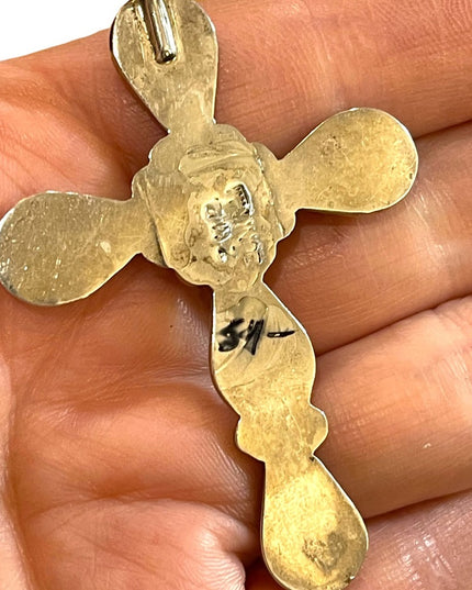 1980s Zuni signed mosaic inlay cross pendant by Zeno and Mary Ann Edaakie