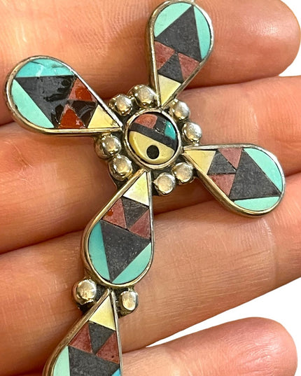 1980s Zuni signed mosaic inlay cross pendant by Zeno and Mary Ann Edaakie