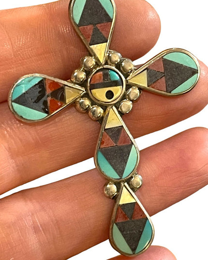 1980s Zuni signed mosaic inlay cross pendant by Zeno and Mary Ann Edaakie