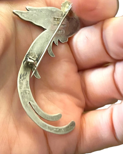 Antique GUATEMALA 900 SILVER QUETZAL BIRD TROPICAL etched PIN  BROOCH