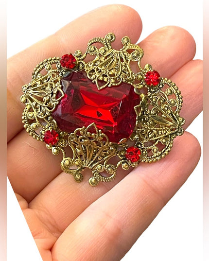 1930s Vintage Brass Filigree Big Red Stone Pin Brooch West Germany