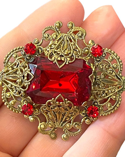 1930s Vintage Brass Filigree Big Red Stone Pin Brooch West Germany