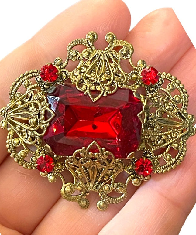 1930s Vintage Brass Filigree Big Red Stone Pin Brooch West Germany