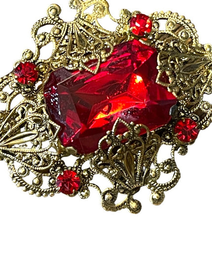 1930s Vintage Brass Filigree Big Red Stone Pin Brooch West Germany