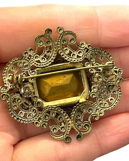 1930s Vintage Brass Filigree Big Red Stone Pin Brooch West Germany