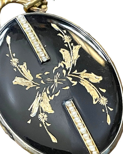 Stunning antique Gold & black enamel large oval mourning locket heirloom