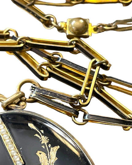 Stunning antique Gold & black enamel large oval mourning locket heirloom