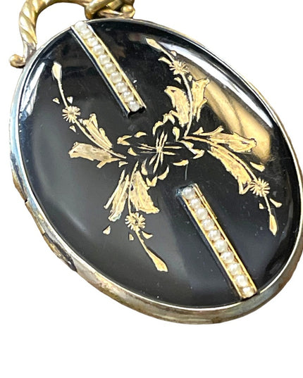 Stunning antique Gold & black enamel large oval mourning locket heirloom