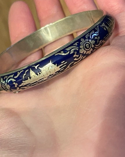 VTG Siam Sterling blue enamel bangle bracelet