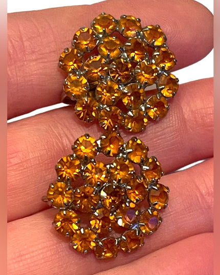 - Vintage C1950s amber glass crystal silver groovy clip on earrings