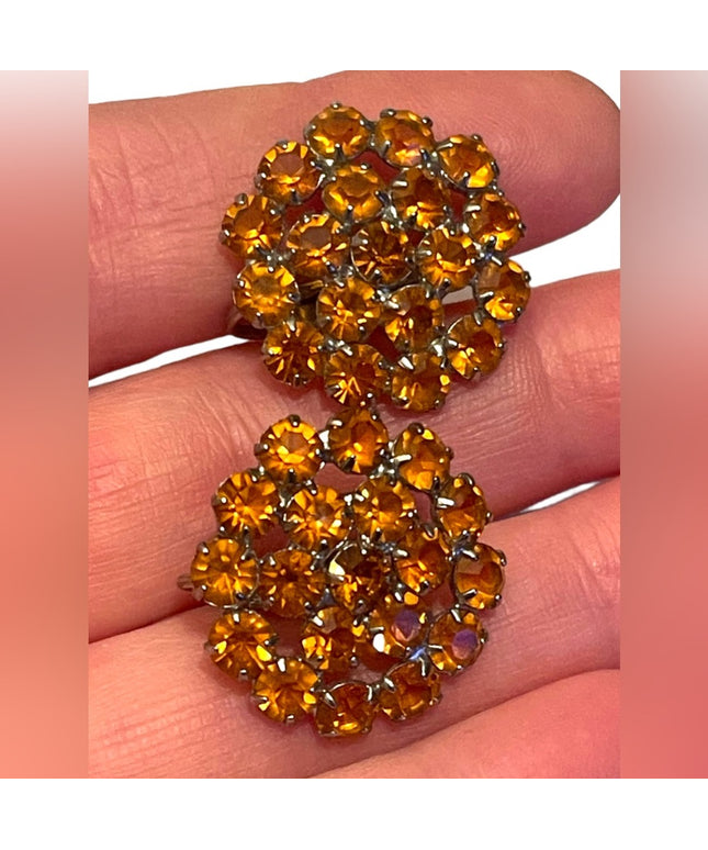 - Vintage C1950s amber glass crystal silver groovy clip on earrings