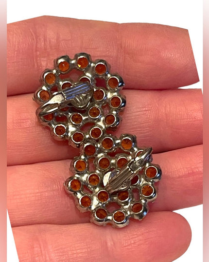 - Vintage C1950s amber glass crystal silver groovy clip on earrings