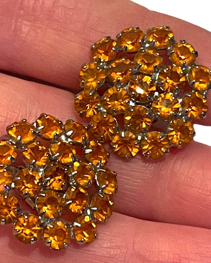 - Vintage C1950s amber glass crystal silver groovy clip on earrings