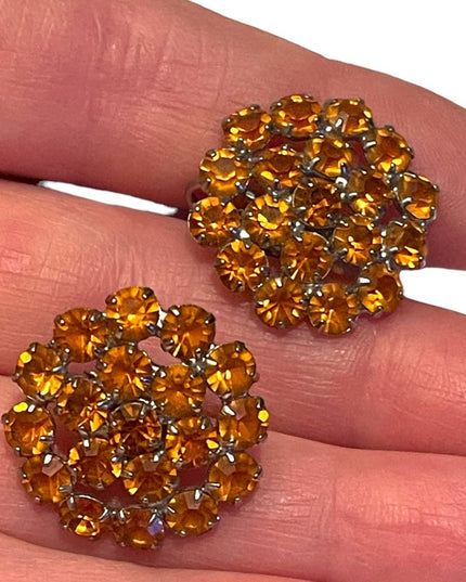- Vintage C1950s amber glass crystal silver groovy clip on earrings