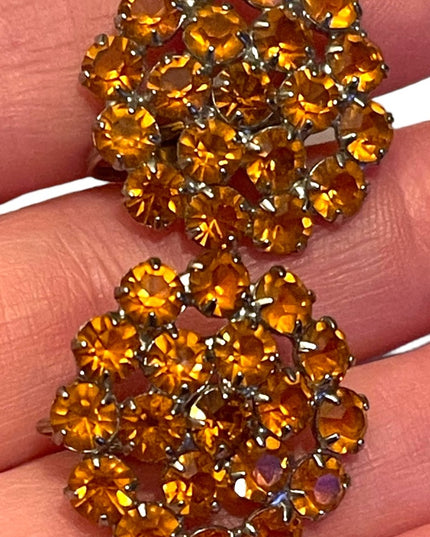 - Vintage C1950s amber glass crystal silver groovy clip on earrings