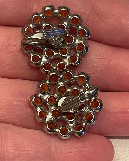 - Vintage C1950s amber glass crystal silver groovy clip on earrings